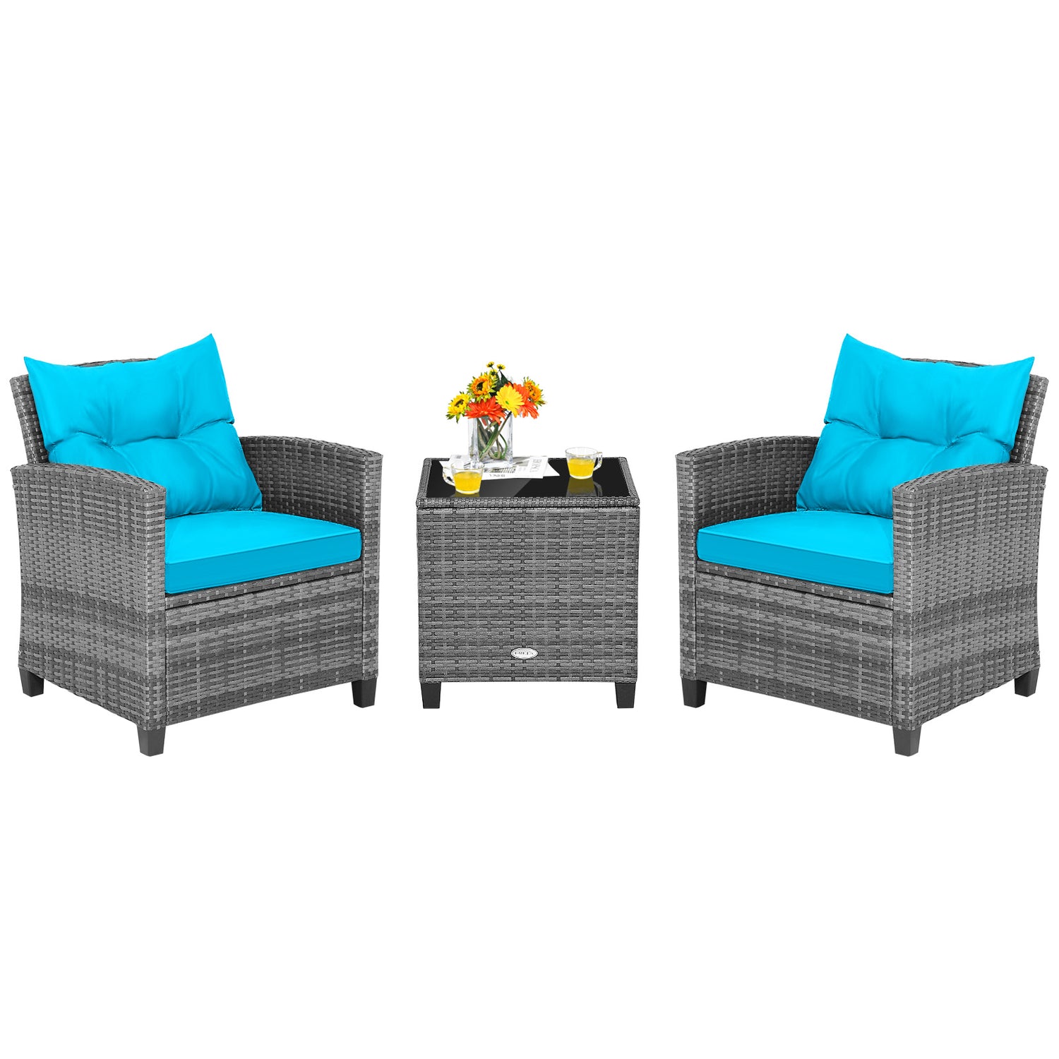 3 Pieces Outdoor Wicker Conversation Set with Tempered Glass Tabletop