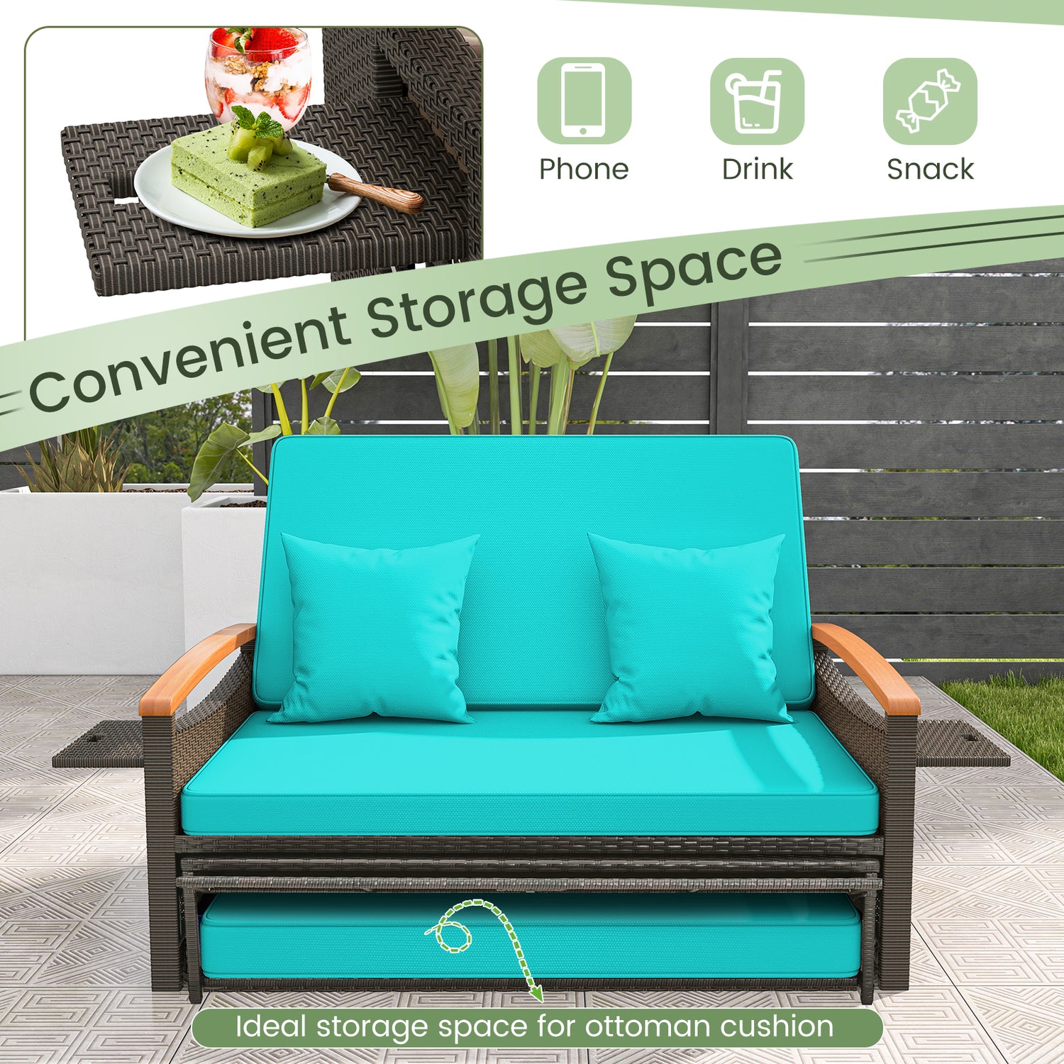 Outdoor Wicker Daybed with Folding Panels and Storage Ottoman