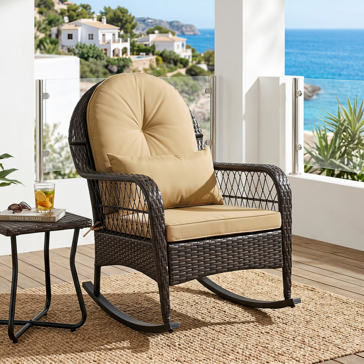 Outdoor Wicker Rocking Chair with Anti-Tip Stoppers 400 LBS for Porch Deck