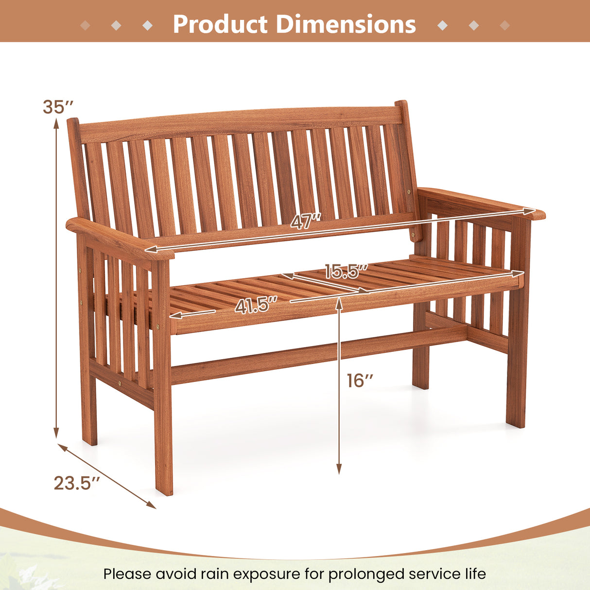Outdoor Wood Garden Bench 2-Person Patio Park Bench with Backrest Armrests and Slatted Seat