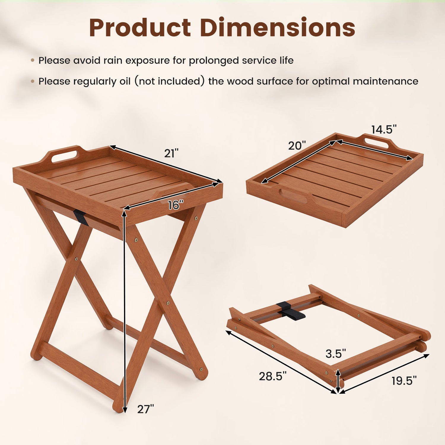 Outdoor Wood Tray Table Portable Side End Table with Folding Frame