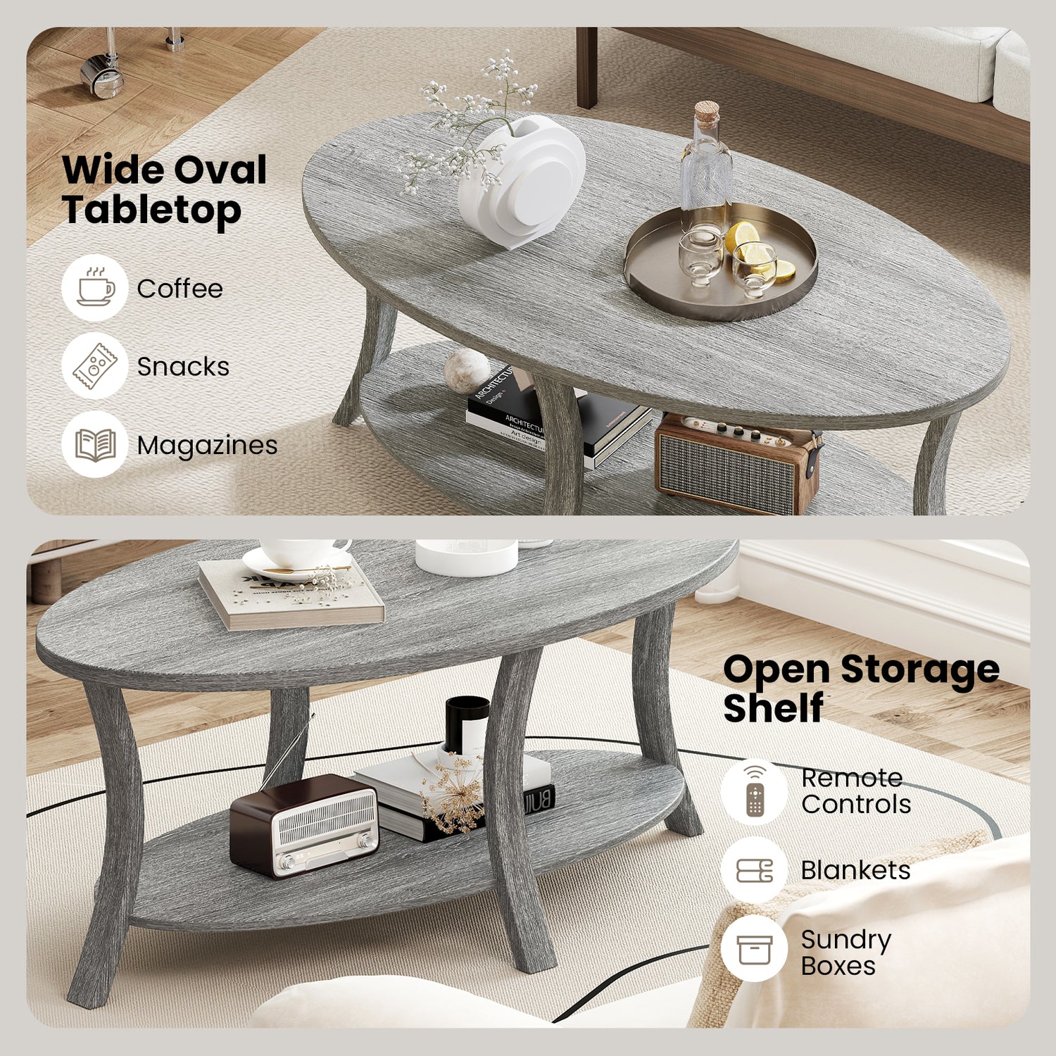 Oval Coffee Table 2-Tier Center Table with Storage Shelf-Gray