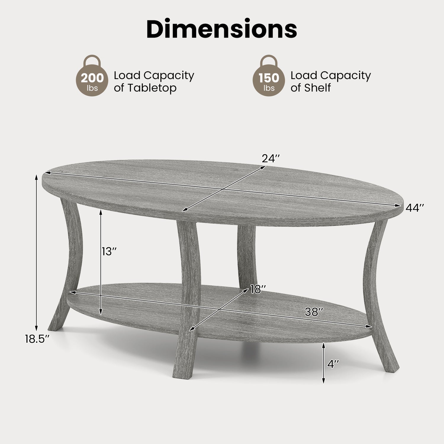 Oval Coffee Table 2-Tier Center Table with Storage Shelf-Gray