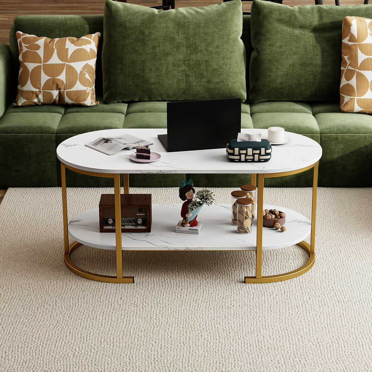 Oval Coffee Table 2-Tier Wooden Accent Table with Spacious Tabletop and Open Storage Shelf
