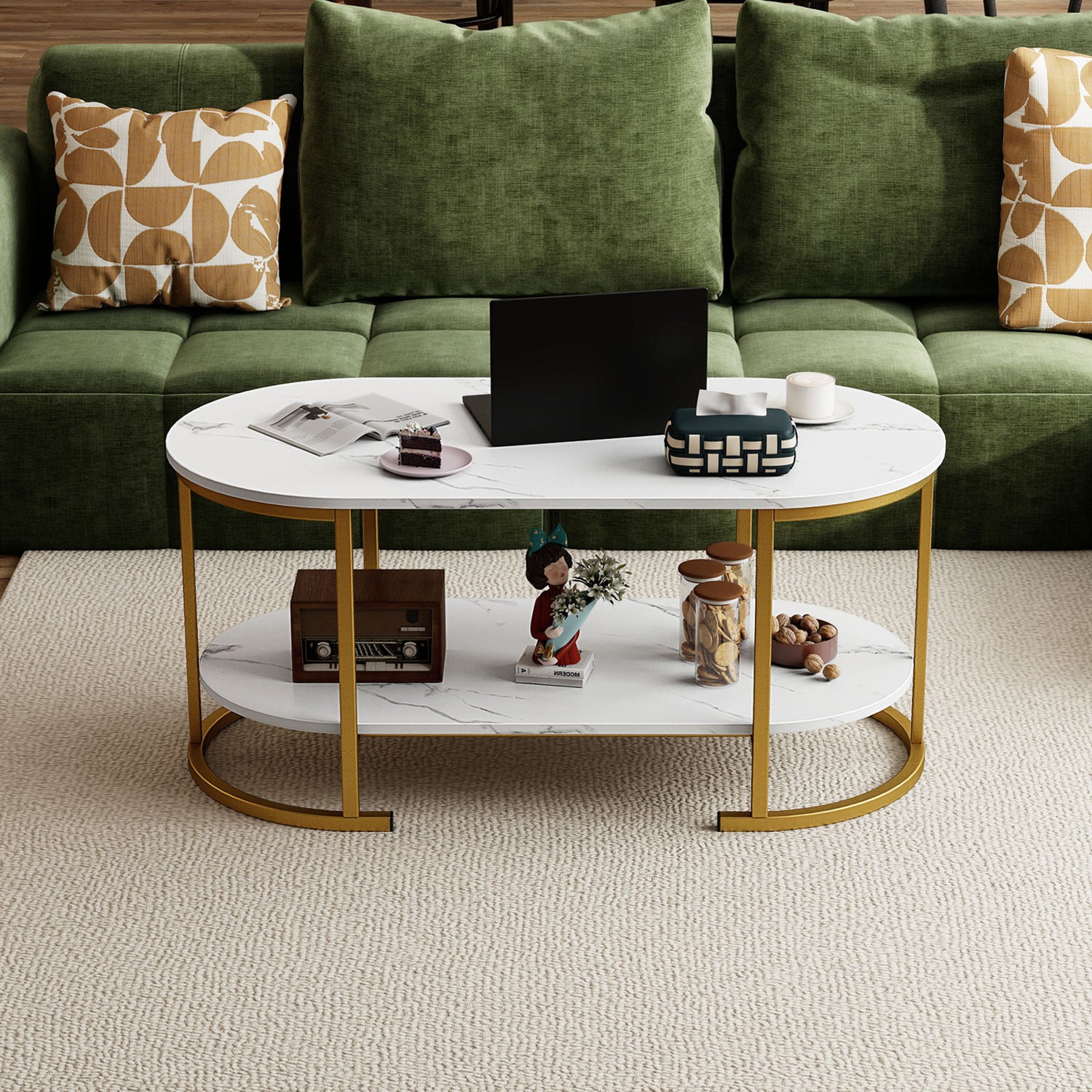 Oval Coffee Table 2-Tier Wooden Accent Table with Spacious Tabletop and Open Storage Shelf