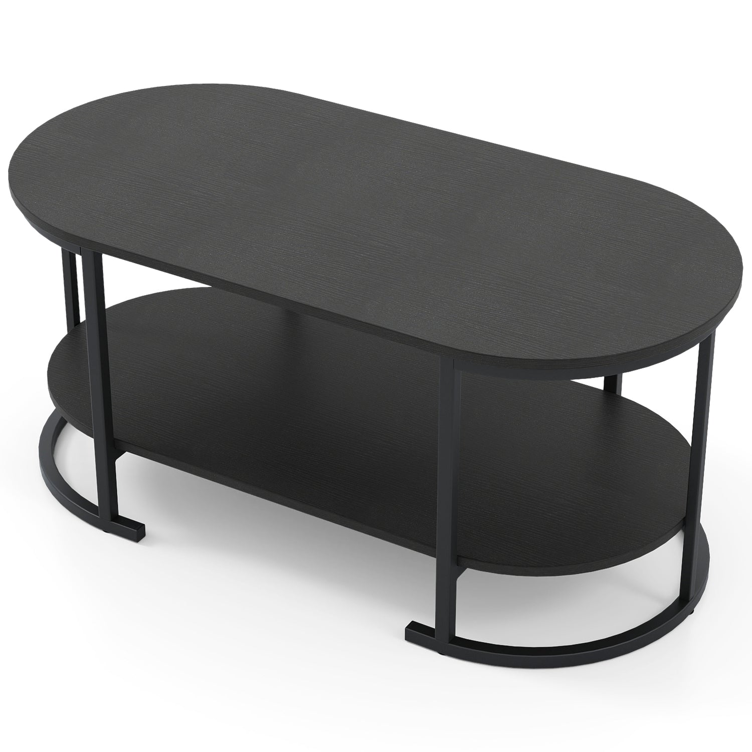 Oval Coffee Table 2-Tier Wooden Accent Table with Spacious Tabletop and Open Storage Shelf
