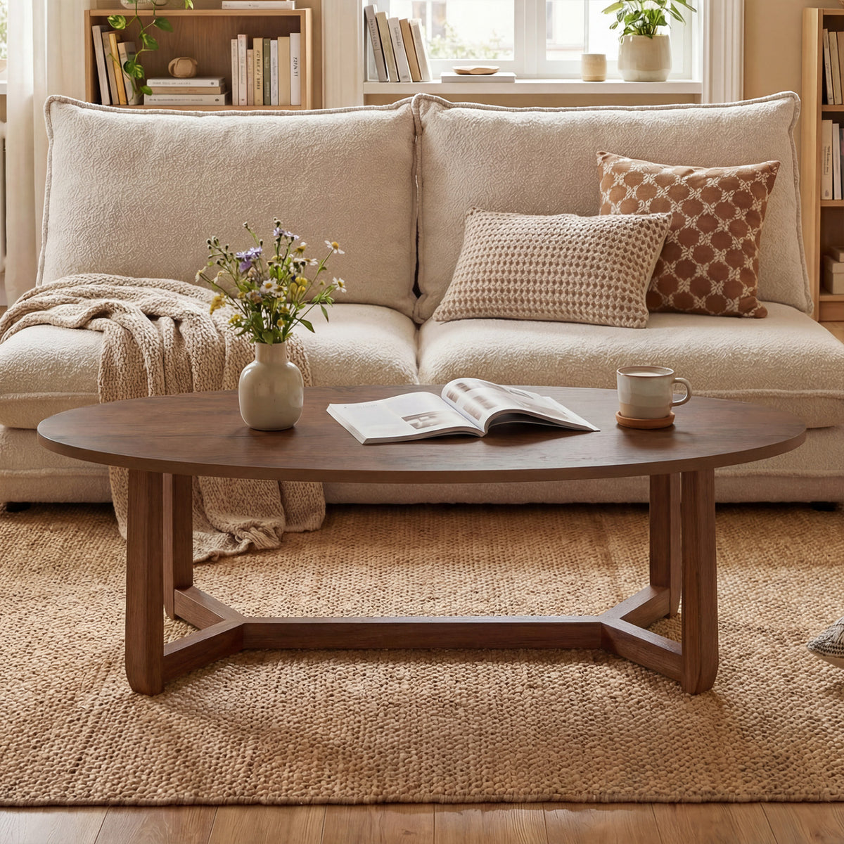 Oval Coffee Table 46 Inches Wooden Accent Table with Thickened Top