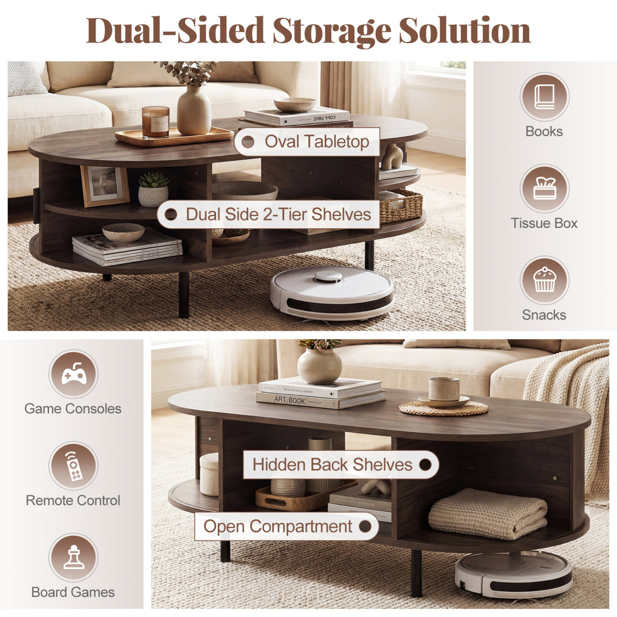 Oval Coffee Table 47.5inch Wooden Center Table with Storage