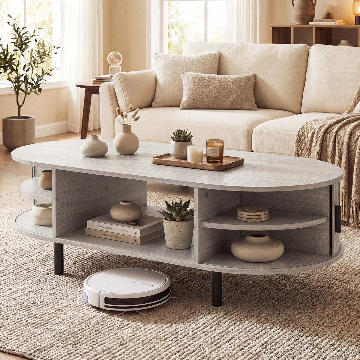 Oval Coffee Table 47.5inch Wooden Center Table with Storage