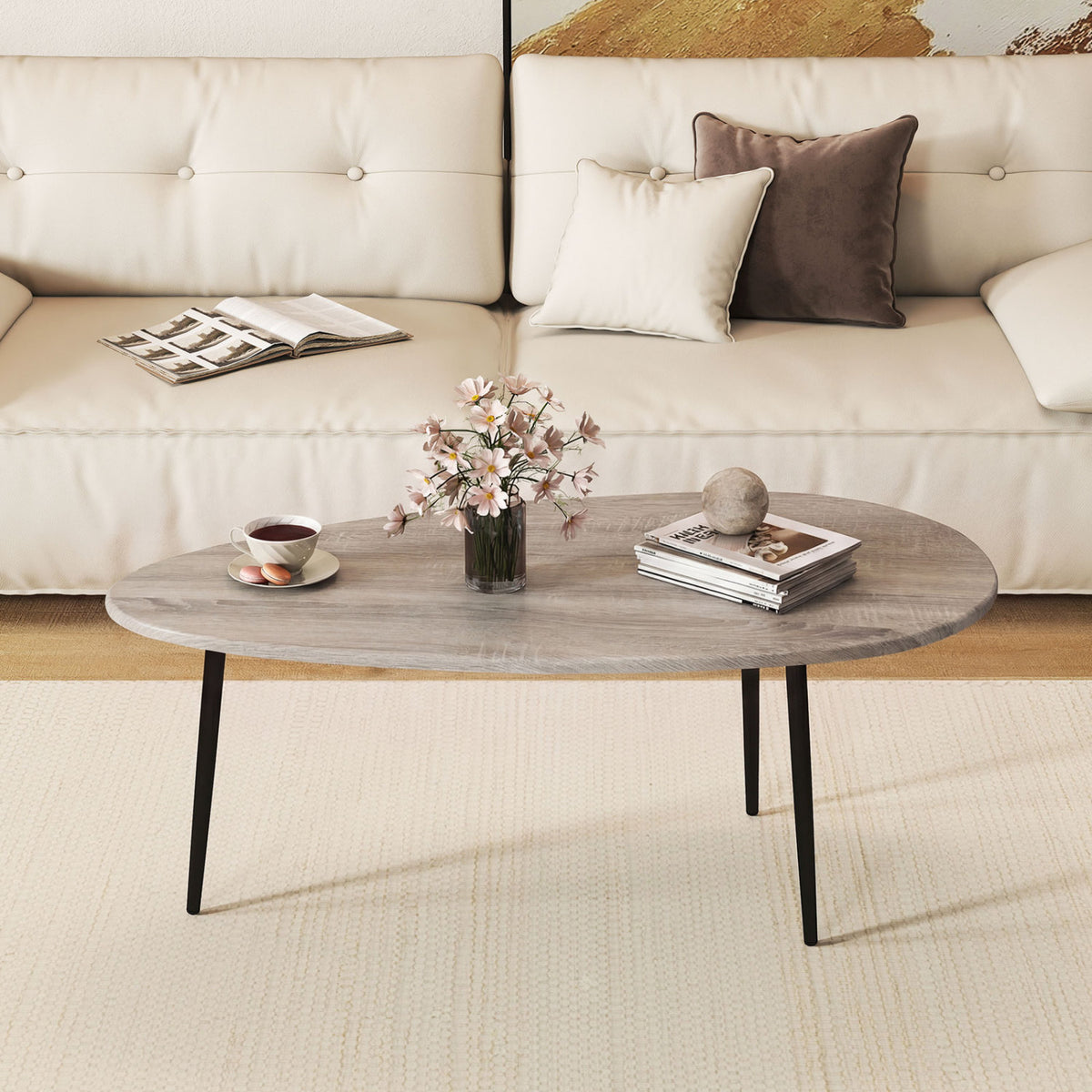 Oval Coffee Table Mid Century Center Table with Sturdy Metal Construction