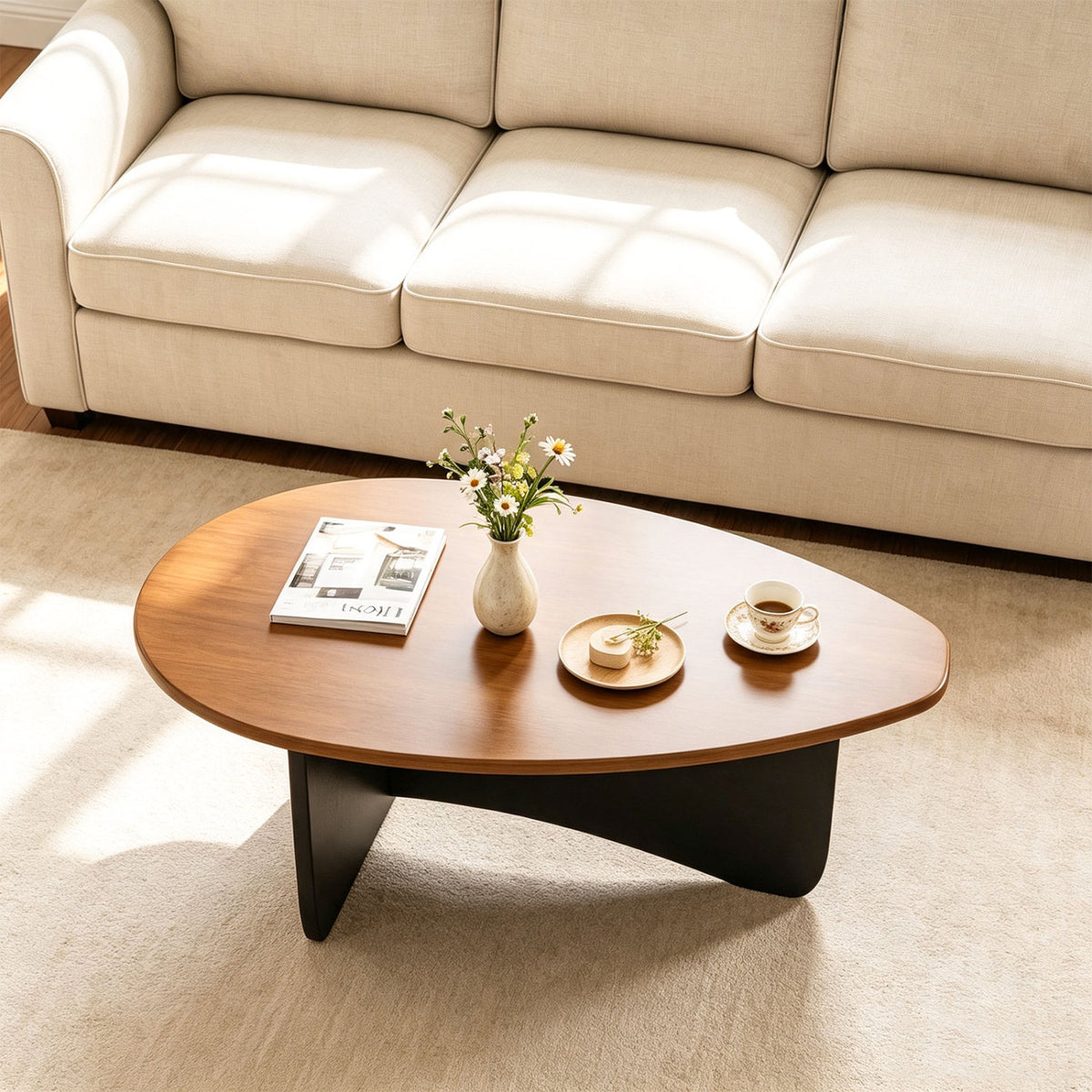 Oval Coffee Table Mid Century Modern Accent Table Low Profile Wooden Center Table