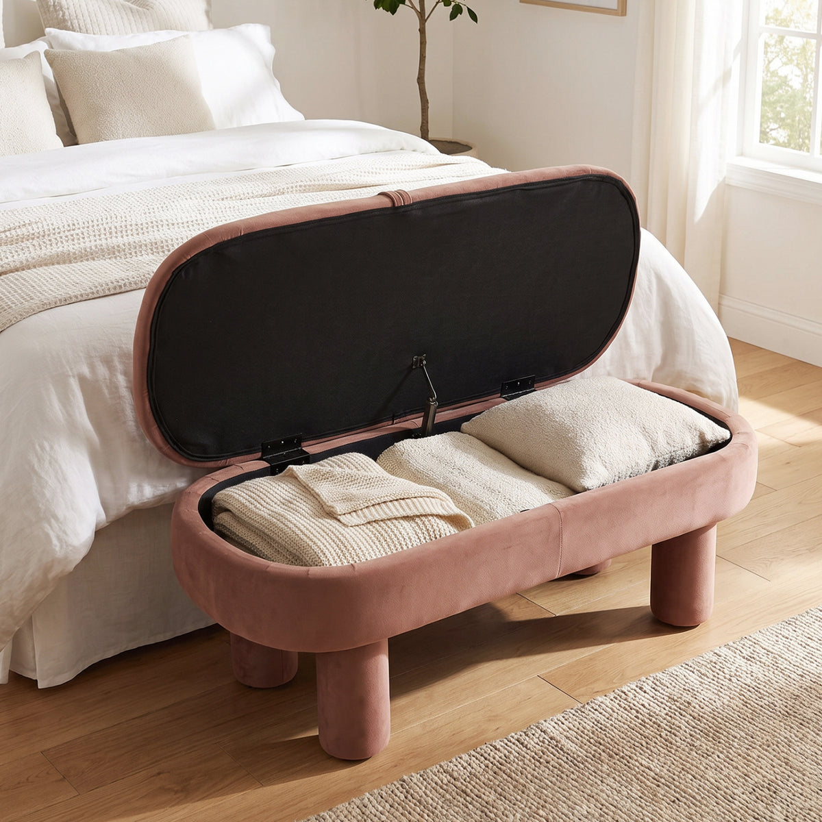 Oval Storage Ottoman Bench with Upholstered Seat for Bedroom