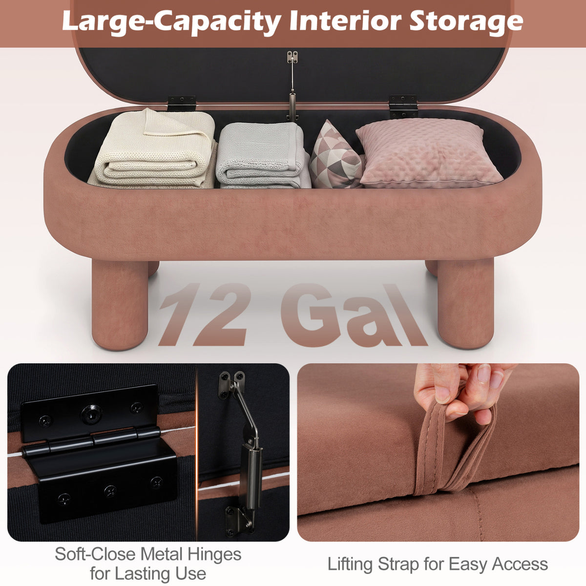 Oval Storage Ottoman Bench with Upholstered Seat for Bedroom
