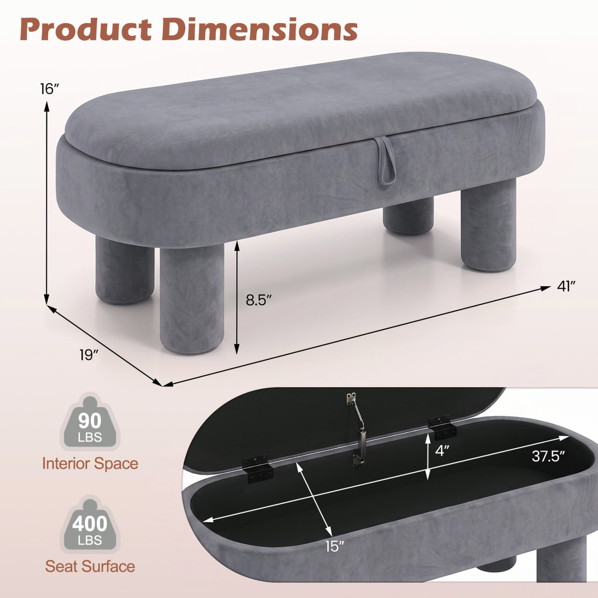 Oval Storage Ottoman Bench with Upholstered Seat for Bedroom