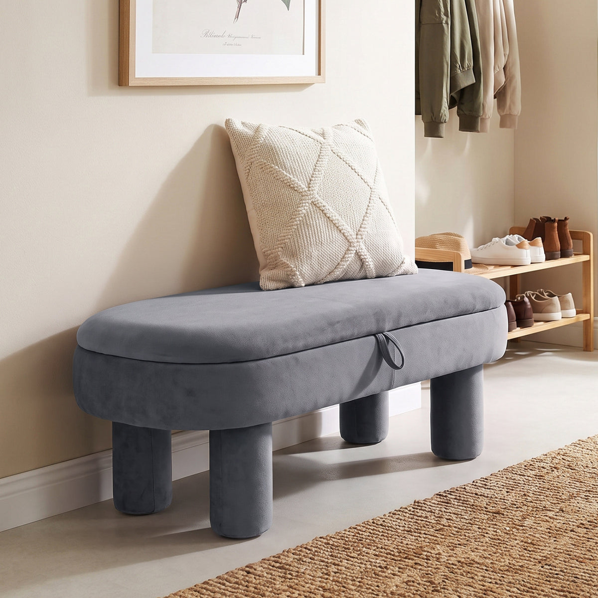 Oval Storage Ottoman Bench with Upholstered Seat for Bedroom