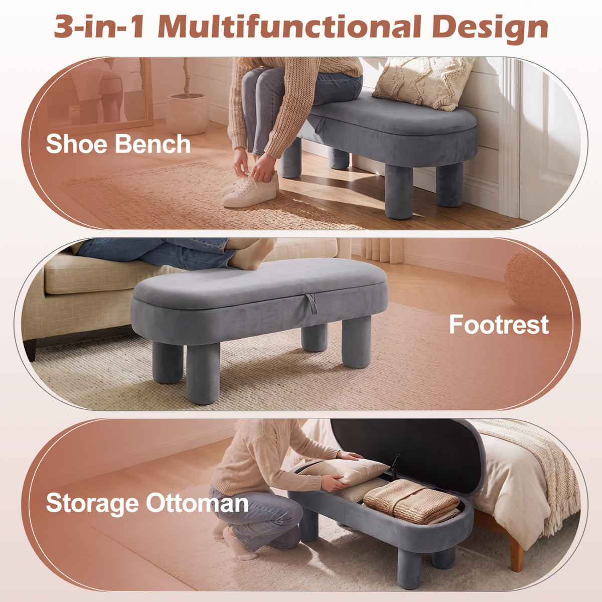 Oval Storage Ottoman Bench with Upholstered Seat for Bedroom