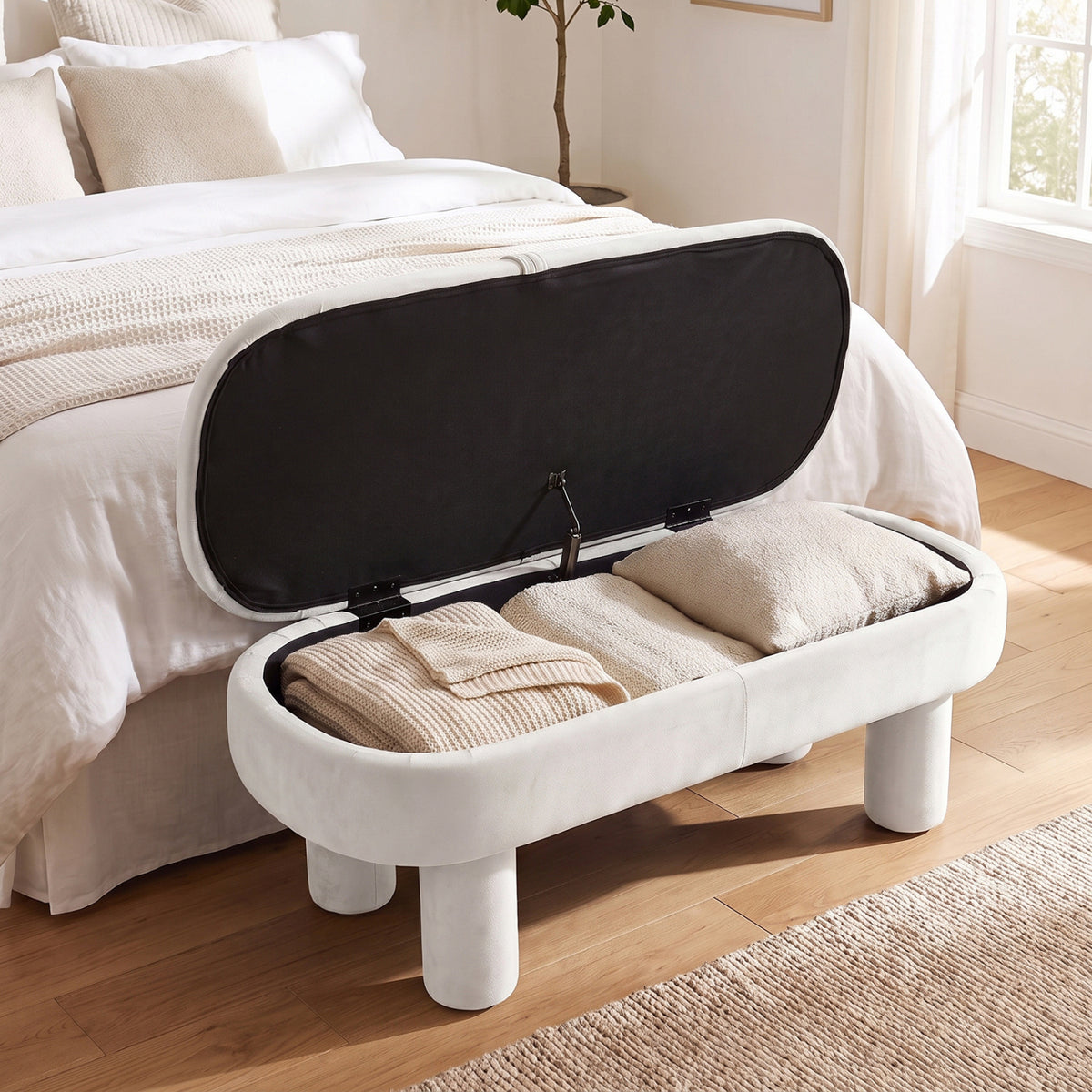 Oval Storage Ottoman Bench with Upholstered Seat for Bedroom
