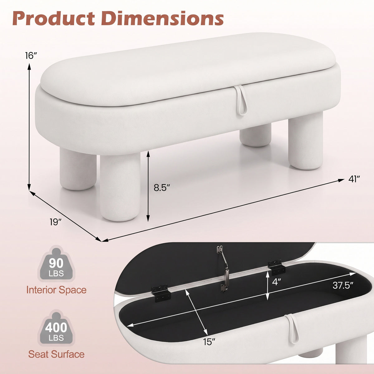 Oval Storage Ottoman Bench with Upholstered Seat for Bedroom