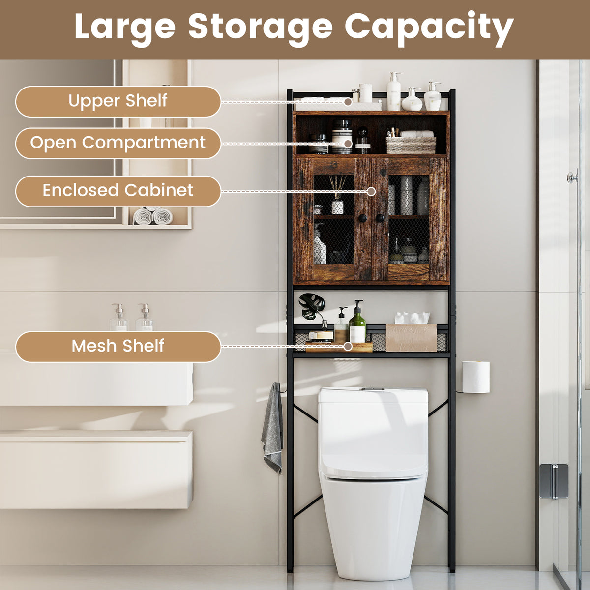 Over-The-Toilet Storage Cabinet with Heavy-Duty Metal Frame 2-door Freestanding