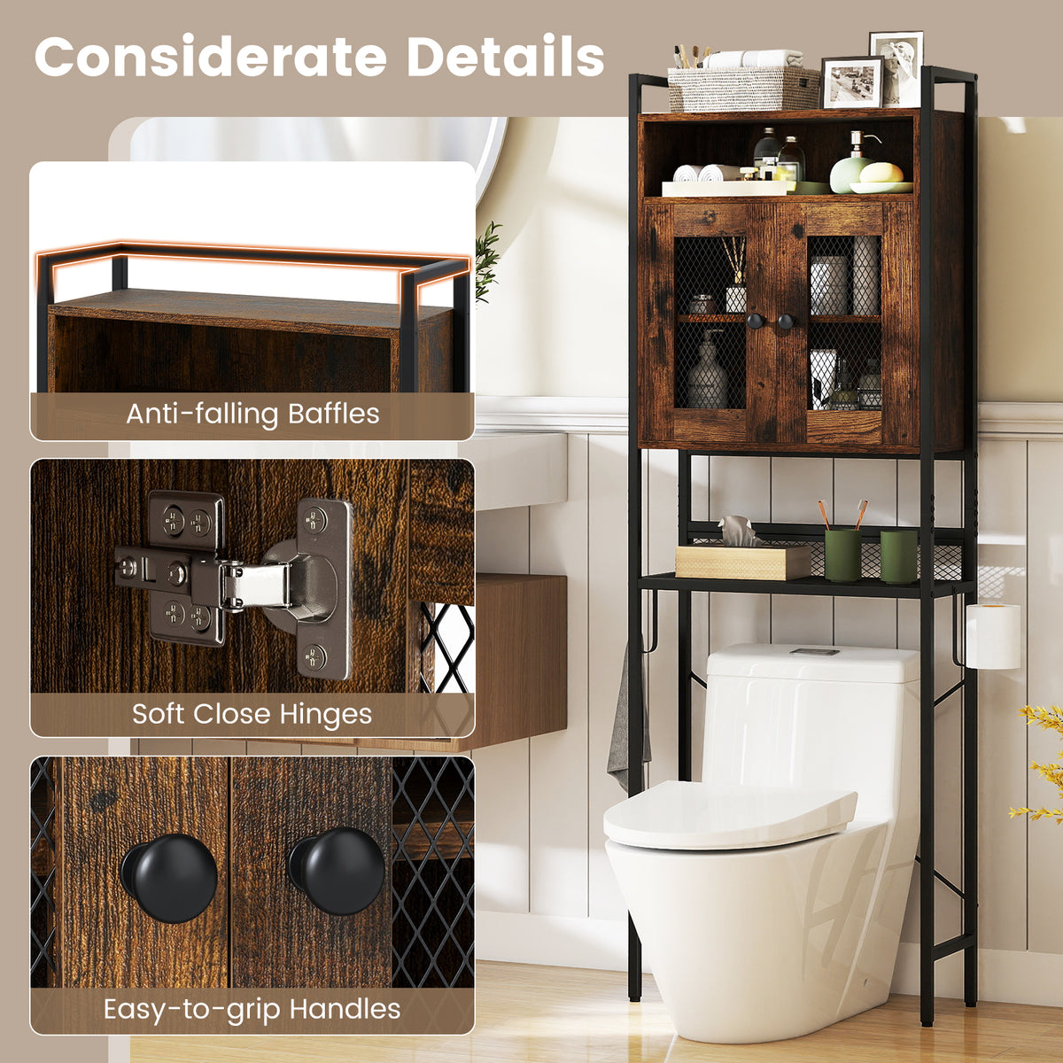 Over-The-Toilet Storage Cabinet with Heavy-Duty Metal Frame 2-door Freestanding
