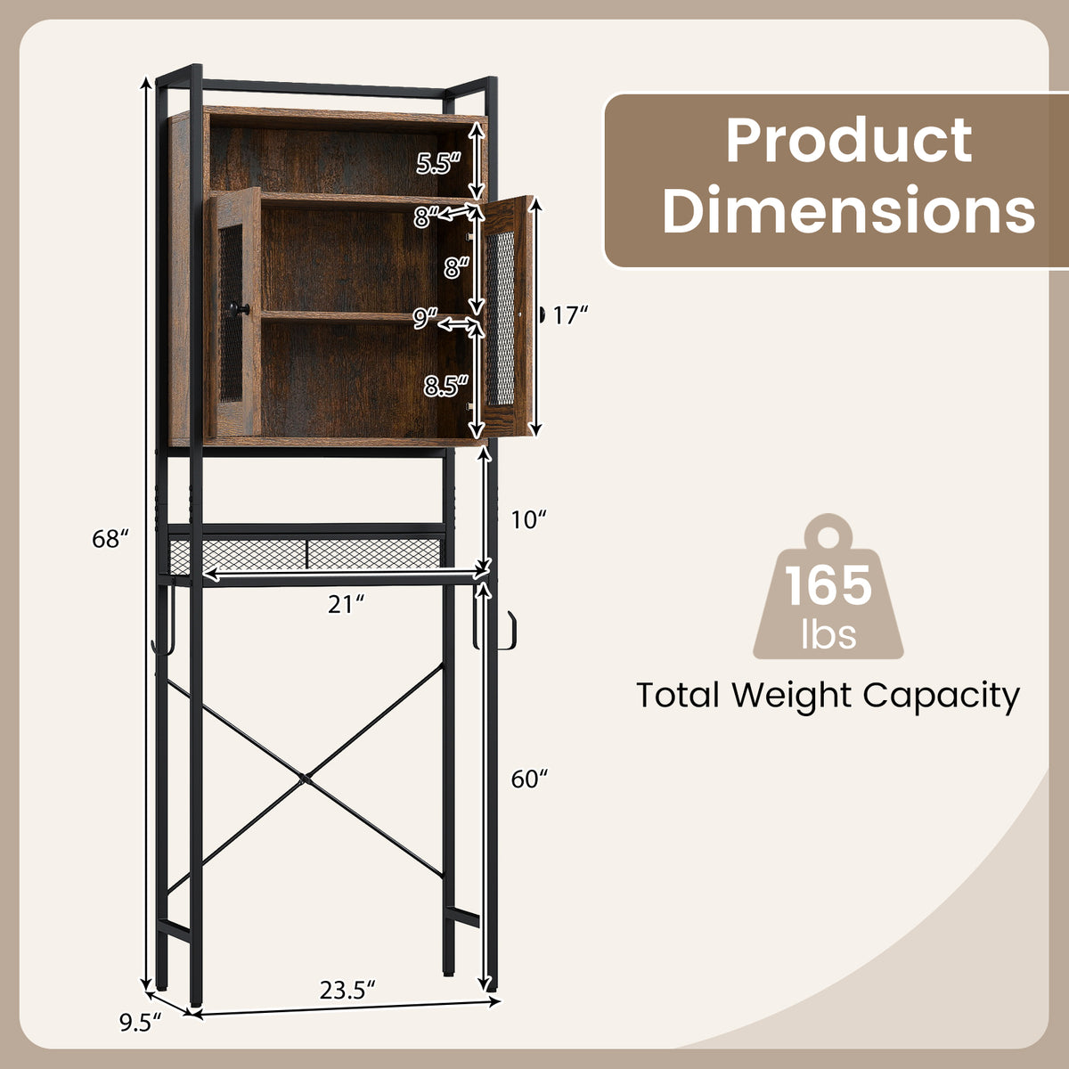 Over-The-Toilet Storage Cabinet with Heavy-Duty Metal Frame 2-door Freestanding