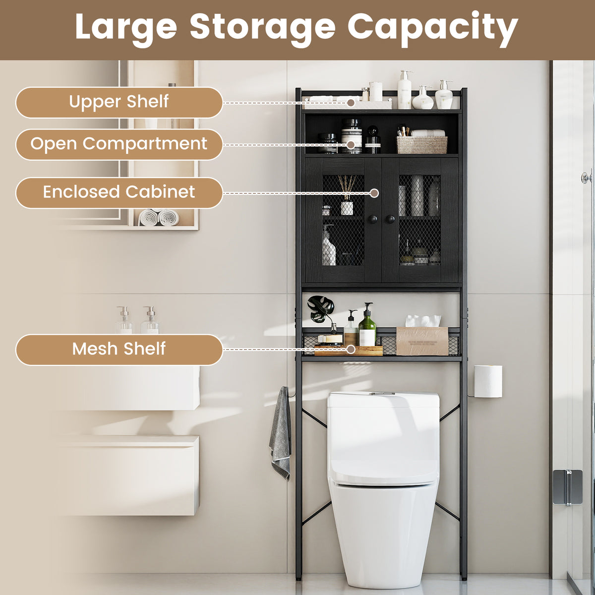 Over-The-Toilet Storage Cabinet with Heavy-Duty Metal Frame 2-door Freestanding