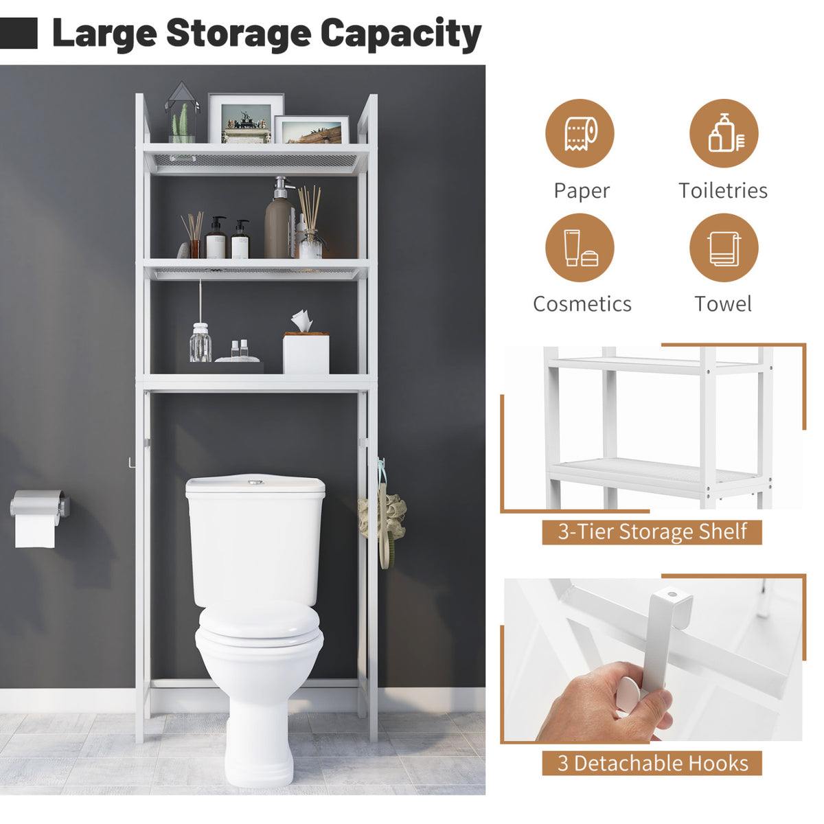 Over-The-Toilet Storage Shelf Space Saving Metal Bathroom Organizer Hooks