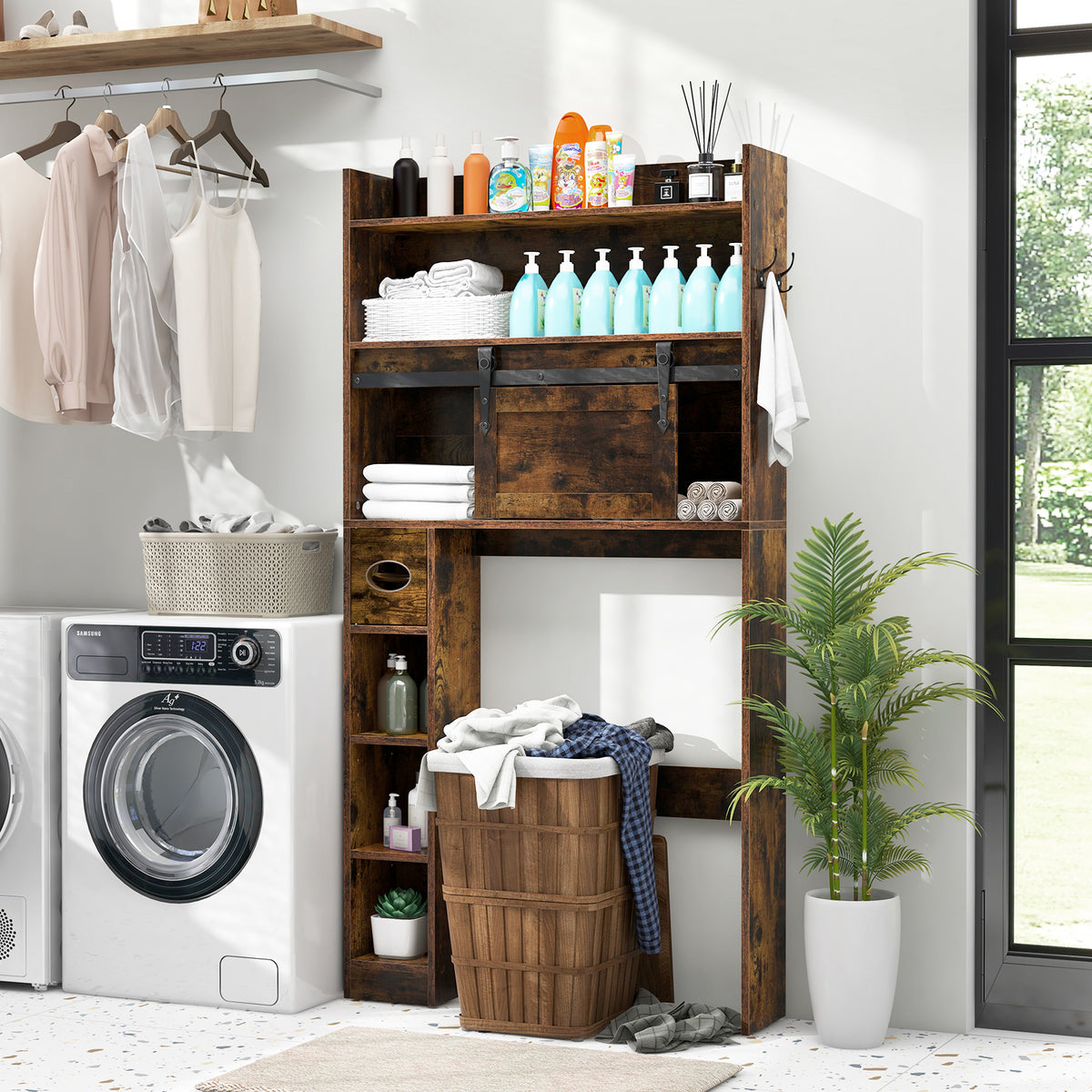 Over The Toilet Storage Cabinet with Sliding Barn Door and Adjustable Shelves