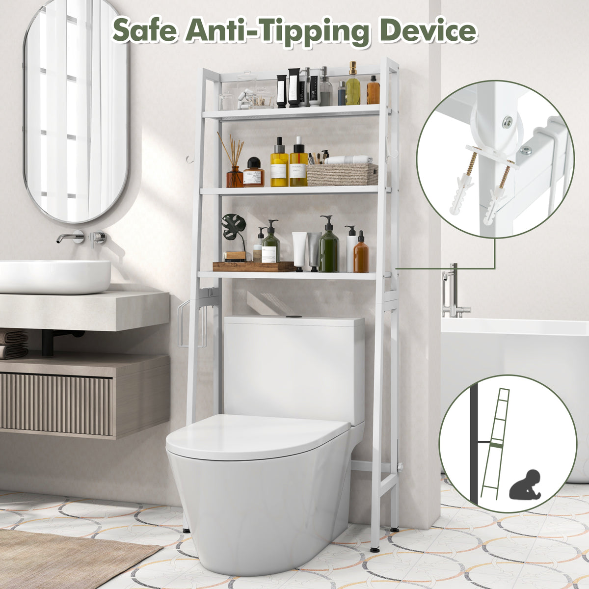 3-Tier Over The Toilet Storage Shelf with Adjustable Bottom Bar