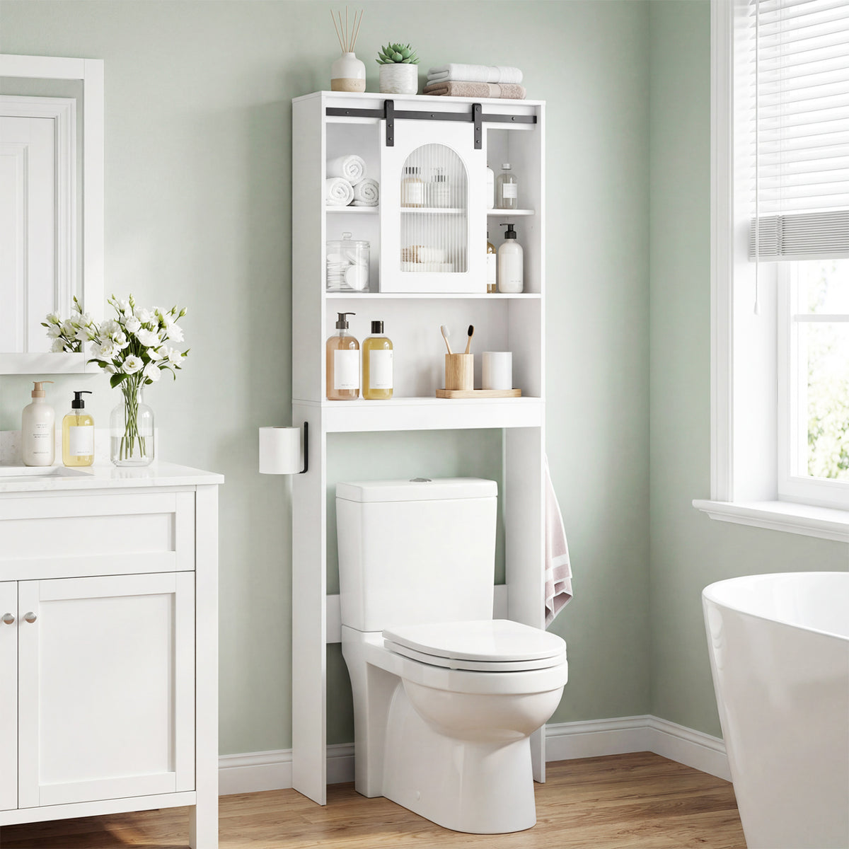 Over Toilet Storage Cabinet with Sliding Barn Door and Open Shelves for Bathroom