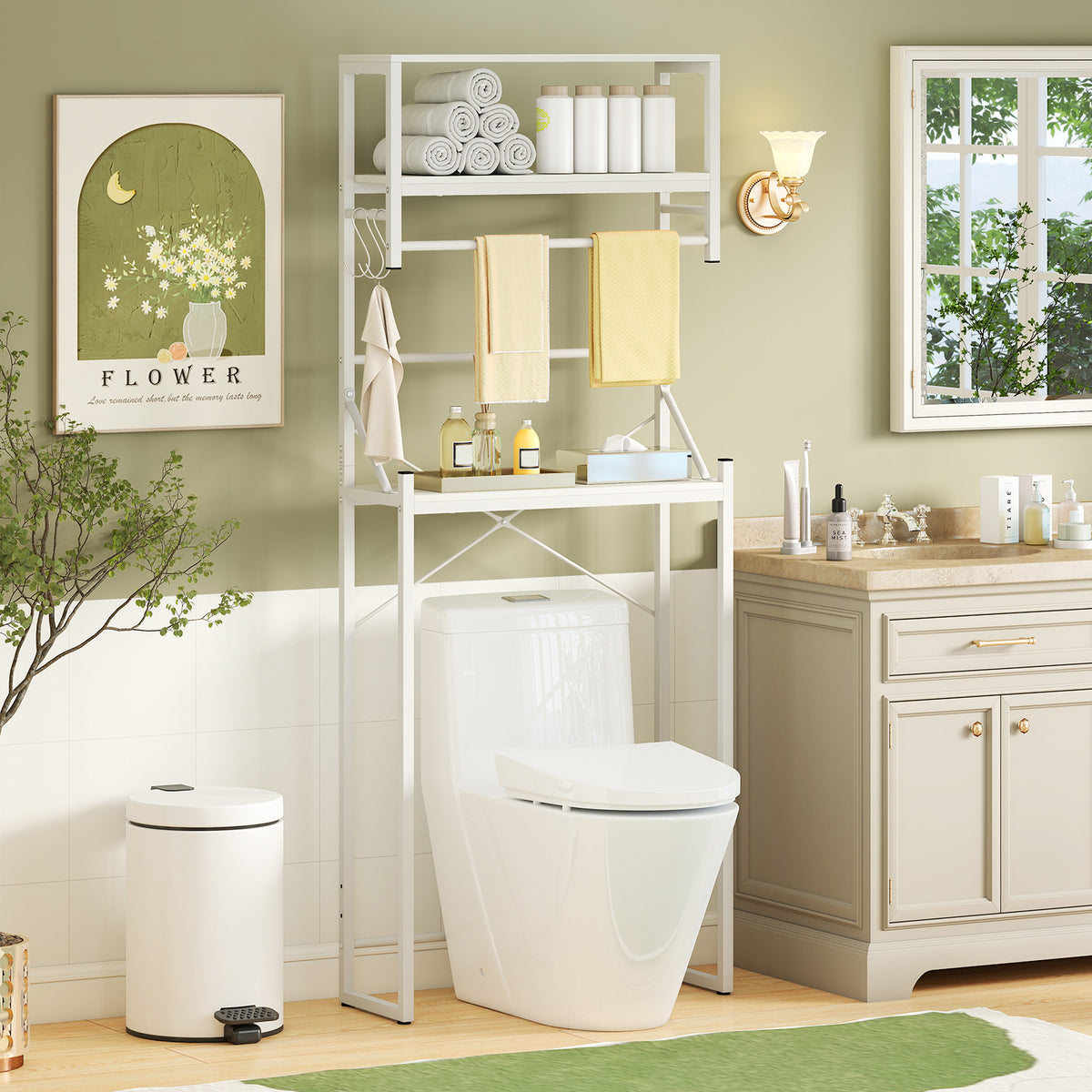 Over the Toilet Storage Rack 3-Tier Over Toilet Bathroom Organizer with Towel Holder-White