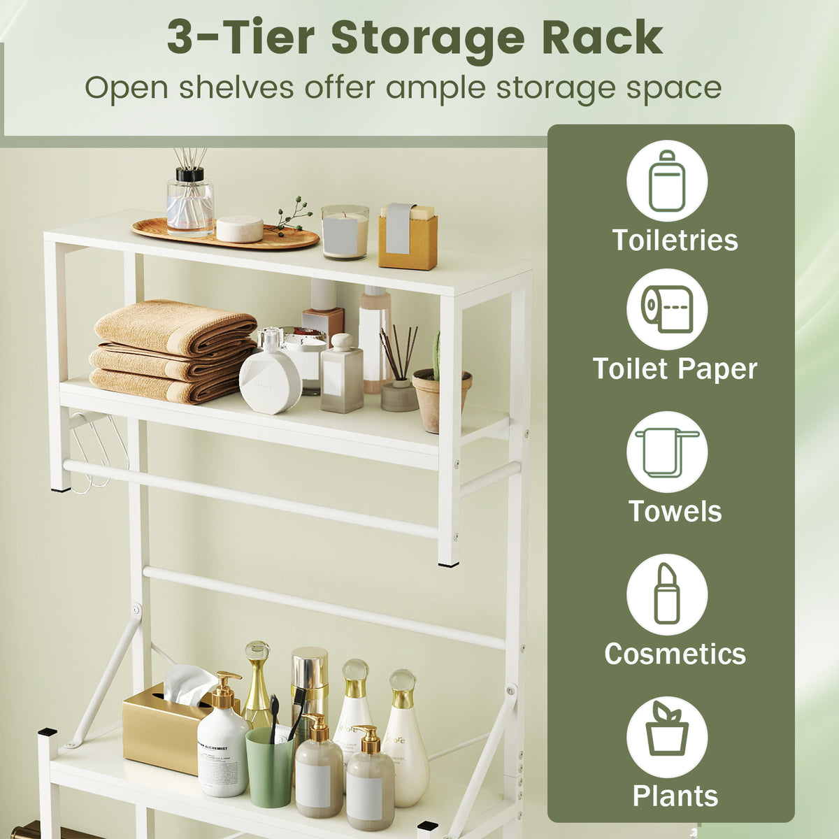Over the Toilet Storage Rack 3-Tier Over Toilet Bathroom Organizer with Towel Holder-White