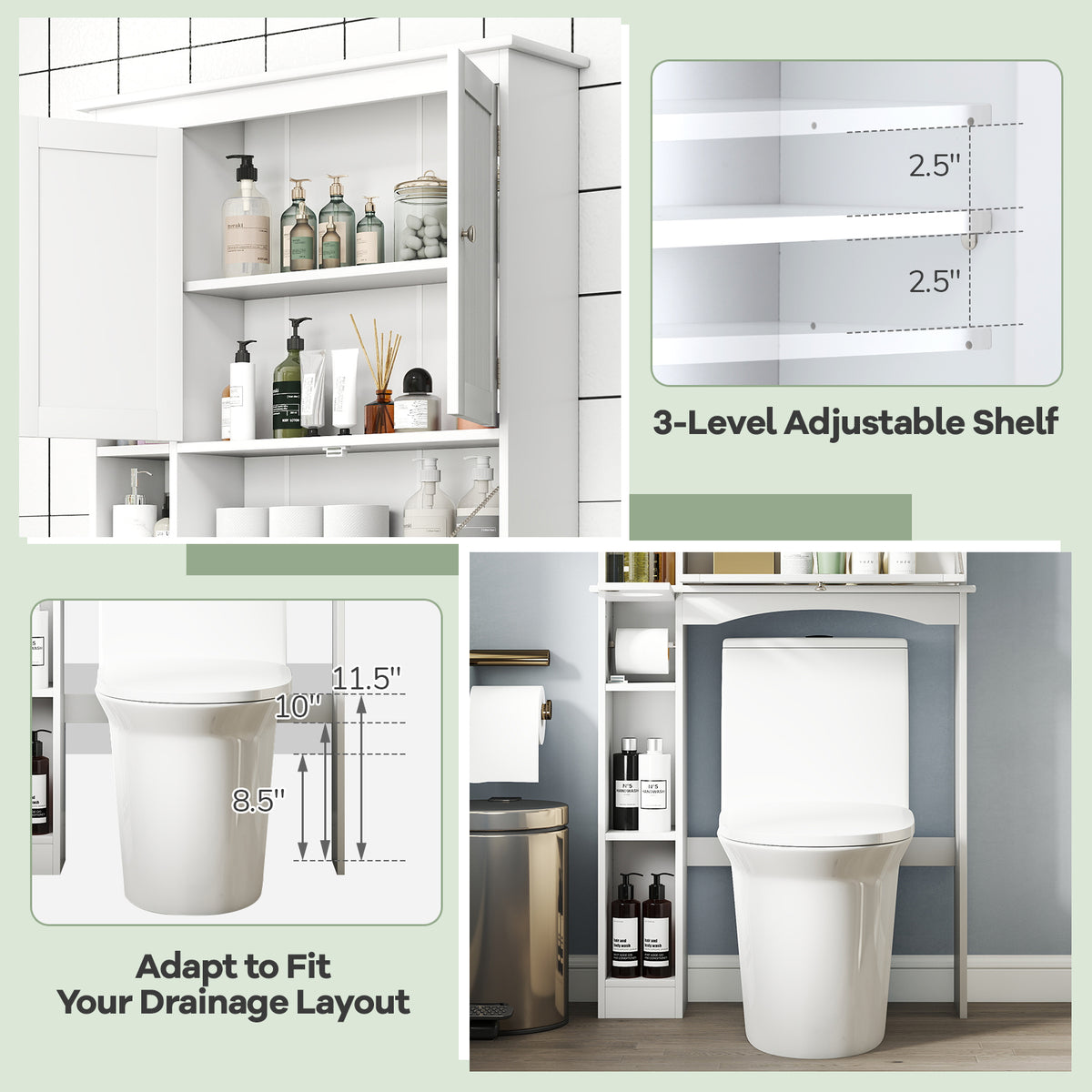 Over the Toilet Storage Cabinet with Adjustable Shelf and Bottom Bar