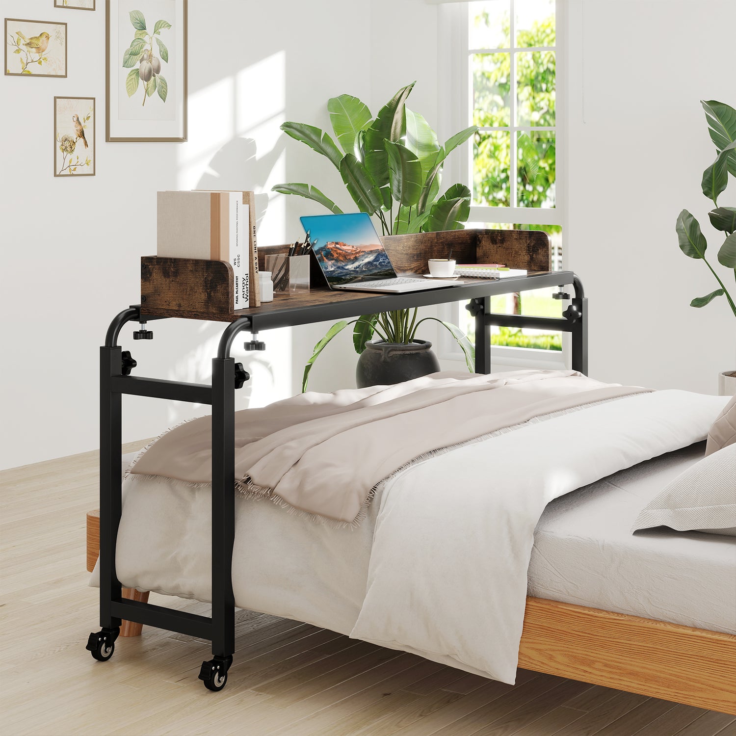 Overbed Desk with Wheels Queen Size Mobile Bed Desk with Adjustable Height-Brown