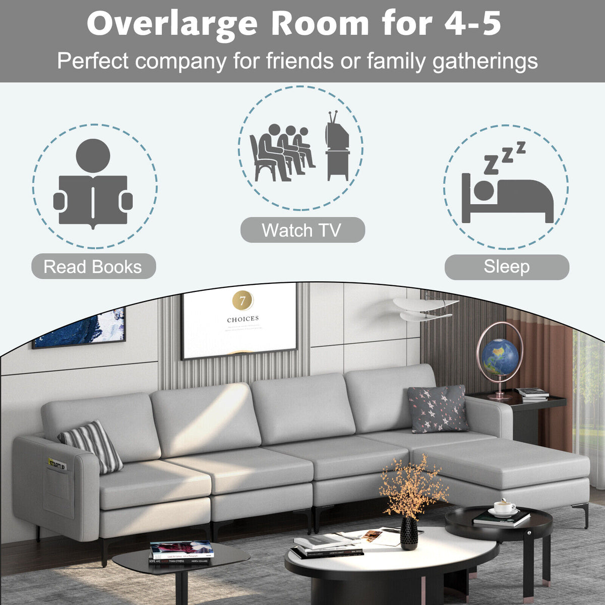 1/2/3/4-Seat Convertible Sectional Sofa with Reversible Ottoman-4-Seat L-shaped with 2 USB Ports