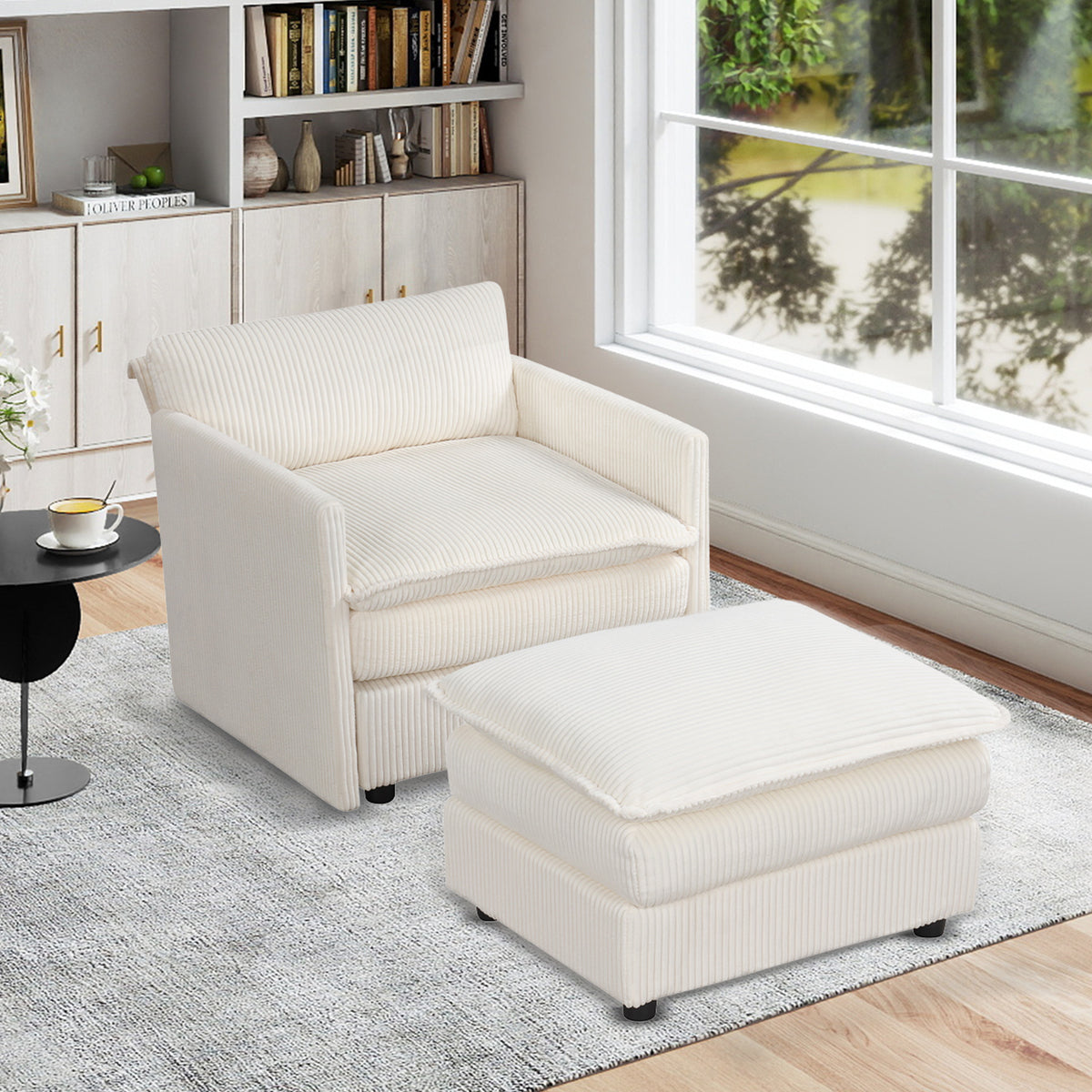 Oversized Accent Chair with Ottoman with Soft Corduroy Cushions-Beige