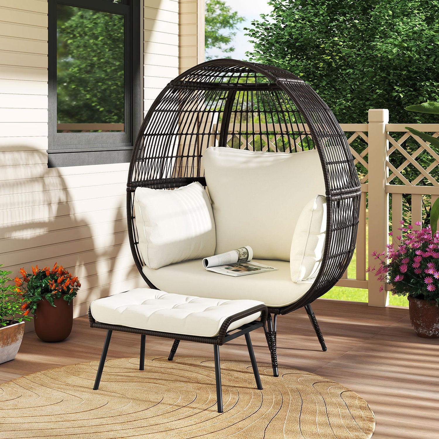 Oversized Patio Rattan Egg Lounge Chair with 4 Cushions