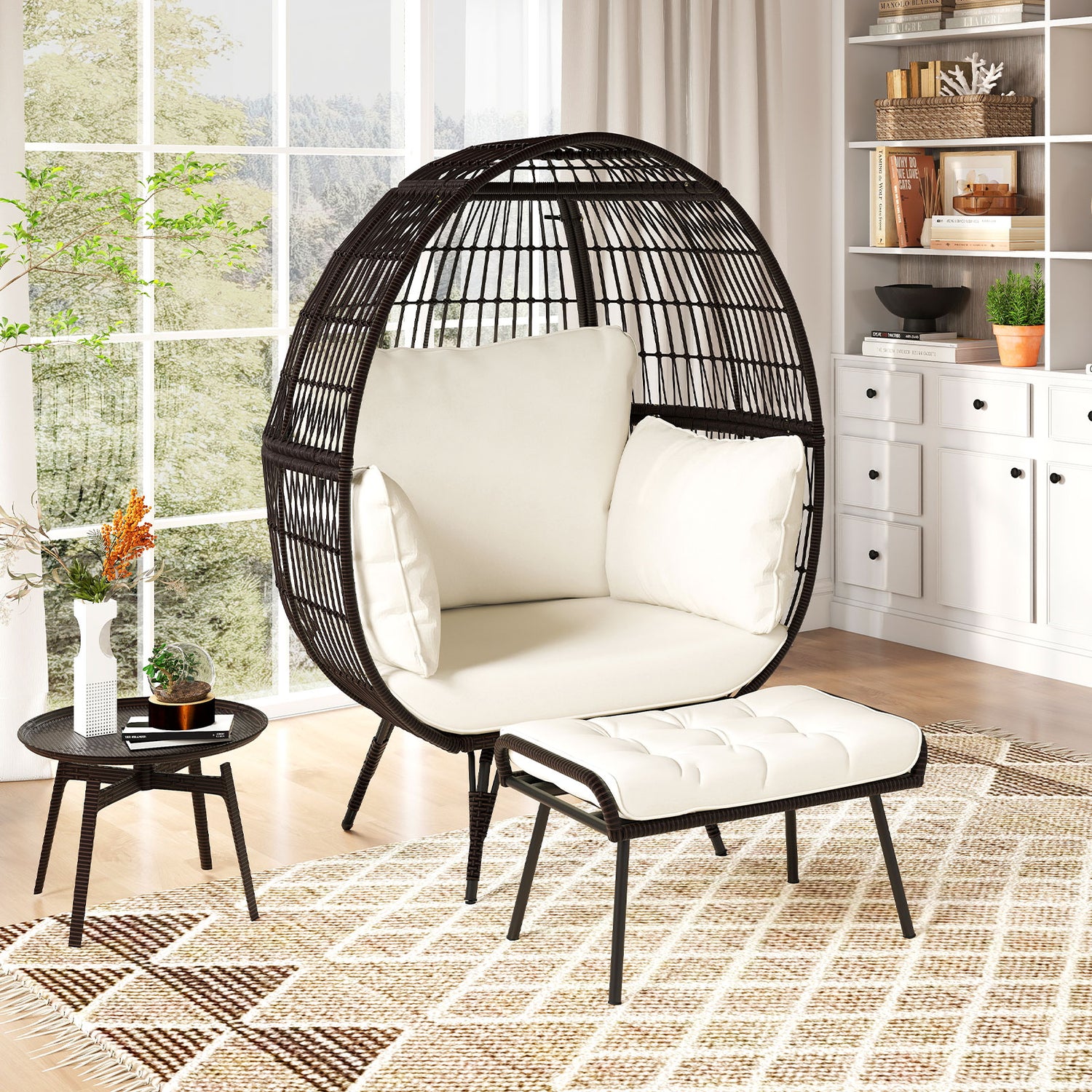 Oversized Patio Rattan Egg Lounge Chair with 4 Cushions