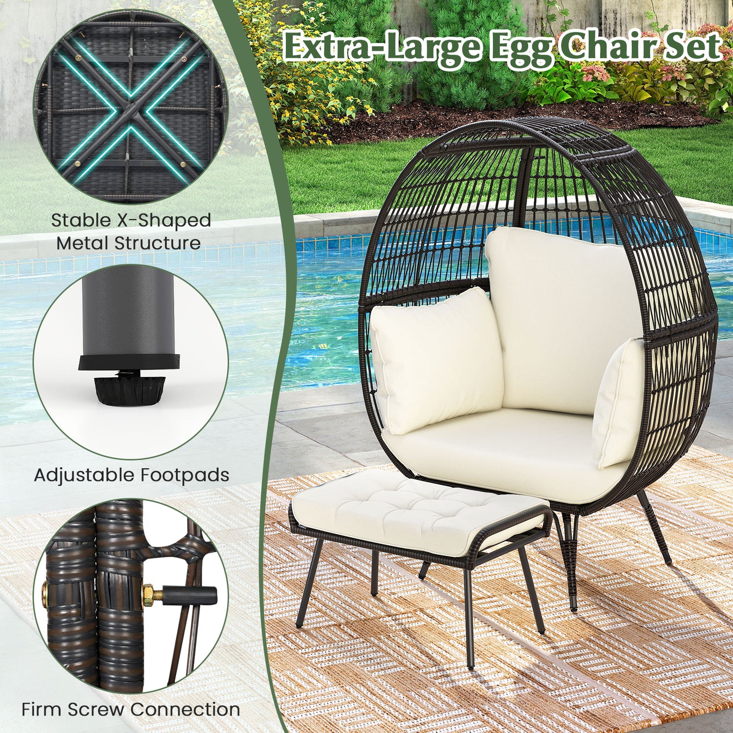 Oversized Patio Rattan Egg Lounge Chair with 4 Cushions