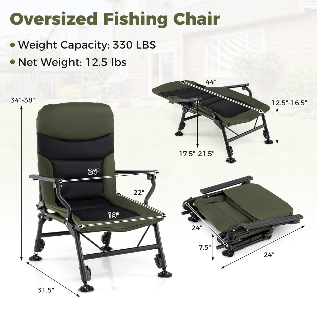 Oversized Foldable Fishing Chair for Adults with Armrest