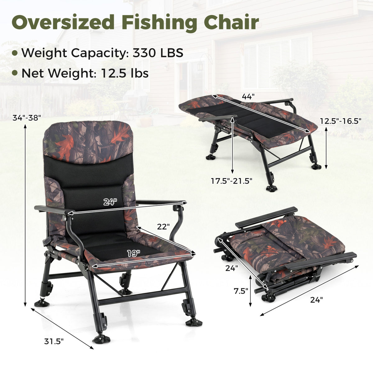 Oversized Foldable Fishing Chair for Adults with Armrest