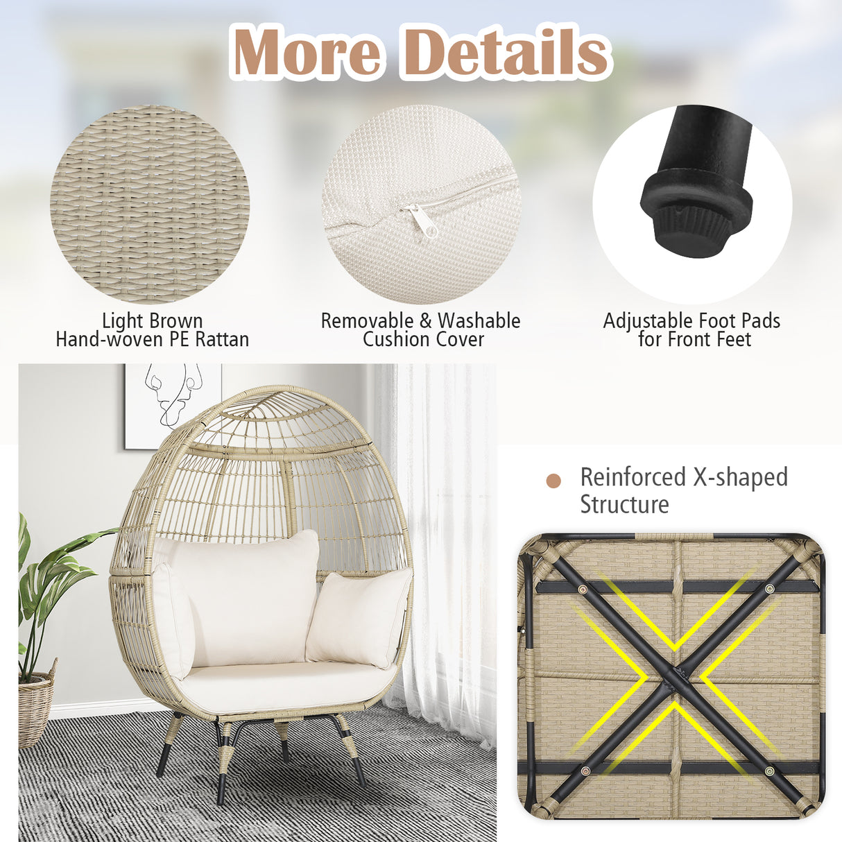 Oversized Patio Rattan Egg Lounge Chair with 4 Cushions