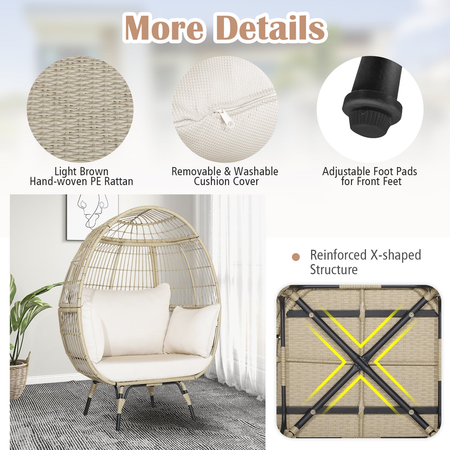 Oversized Patio Rattan Egg Lounge Chair with 4 Cushions
