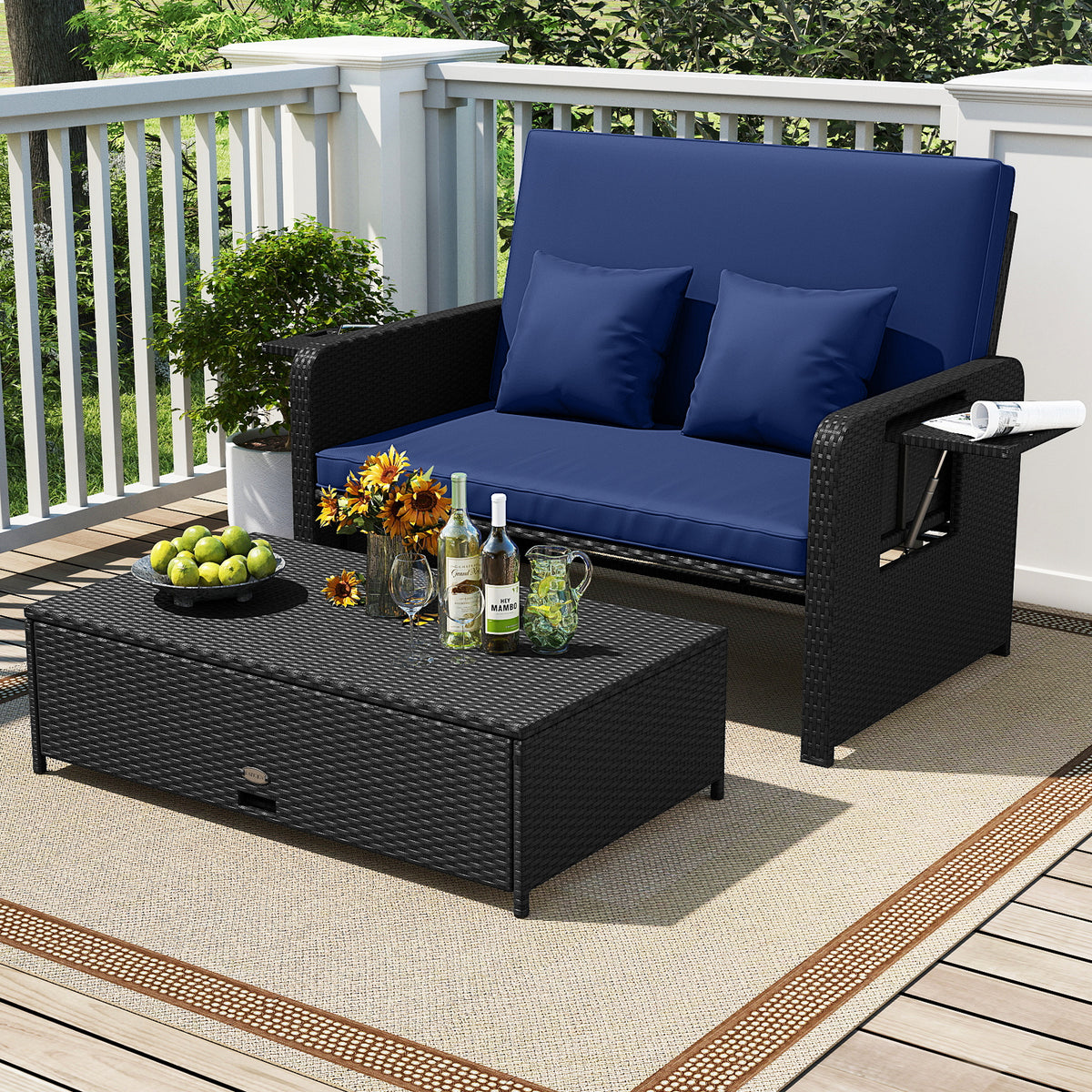 PE Wicker Outdoor Daybed with 4-Level Adjustable Backrest and Storage Ottoman