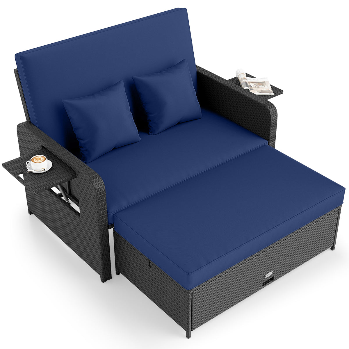 PE Wicker Outdoor Daybed with 4-Level Adjustable Backrest and Storage Ottoman