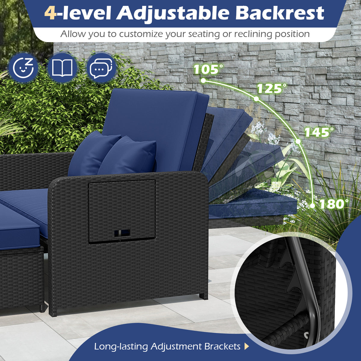 PE Wicker Outdoor Daybed with 4-Level Adjustable Backrest and Storage Ottoman