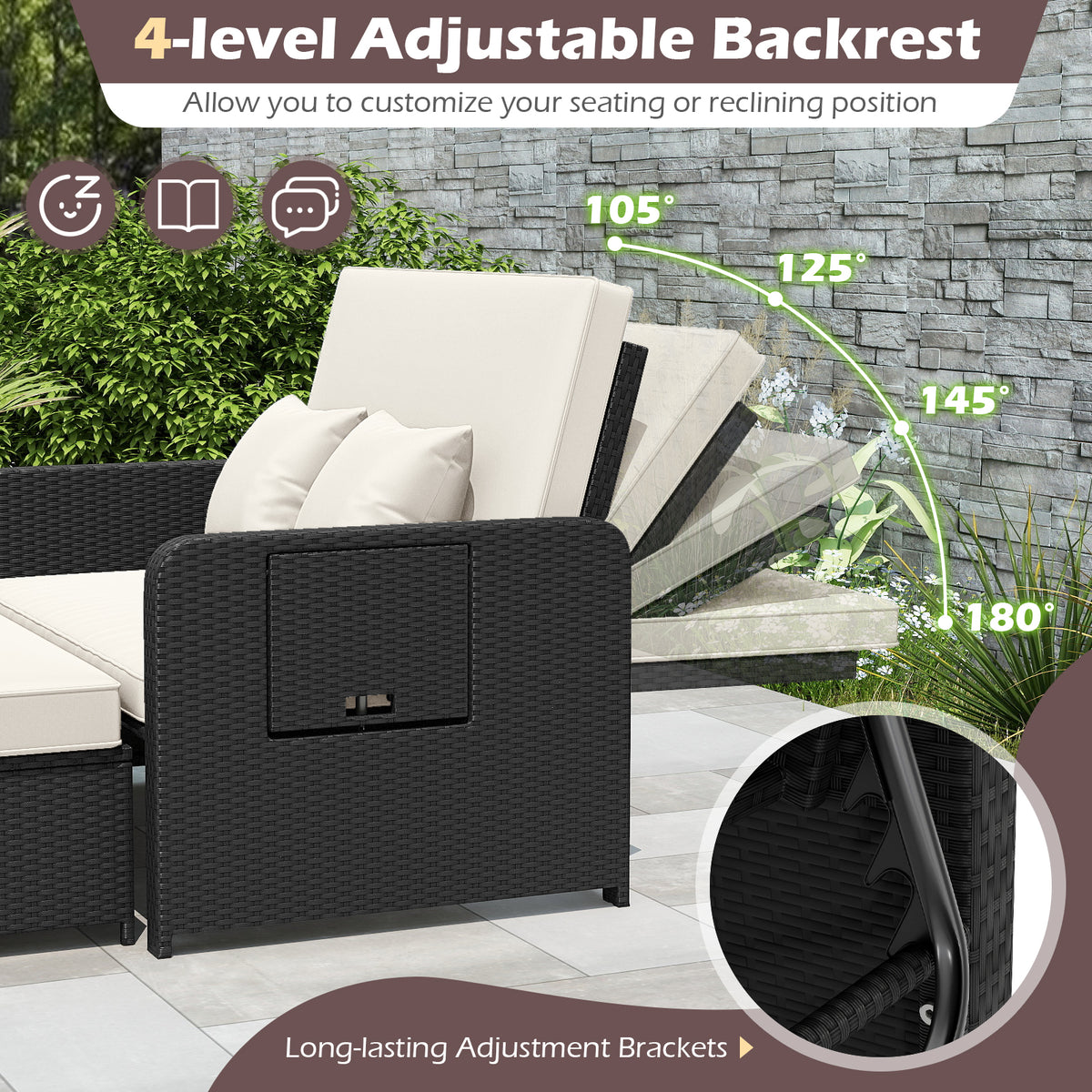 PE Wicker Outdoor Daybed with 4-Level Adjustable Backrest and Storage Ottoman