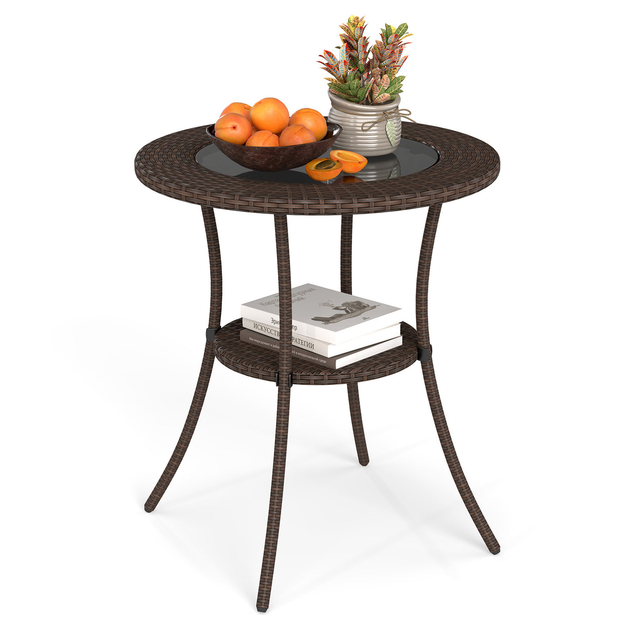 PE Wicker Patio Bistro Table Round with Tempered Glass Top and Shelf