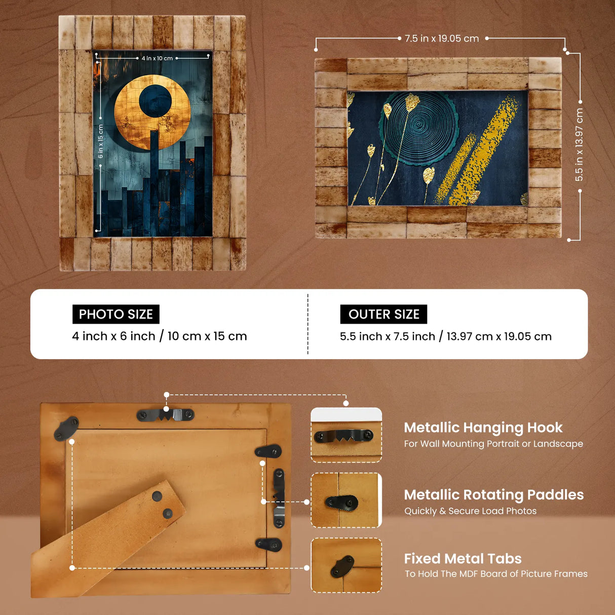 Antique Tile Brown Bone Inlay Frame - Desk & Wall Display, 2 Sizes