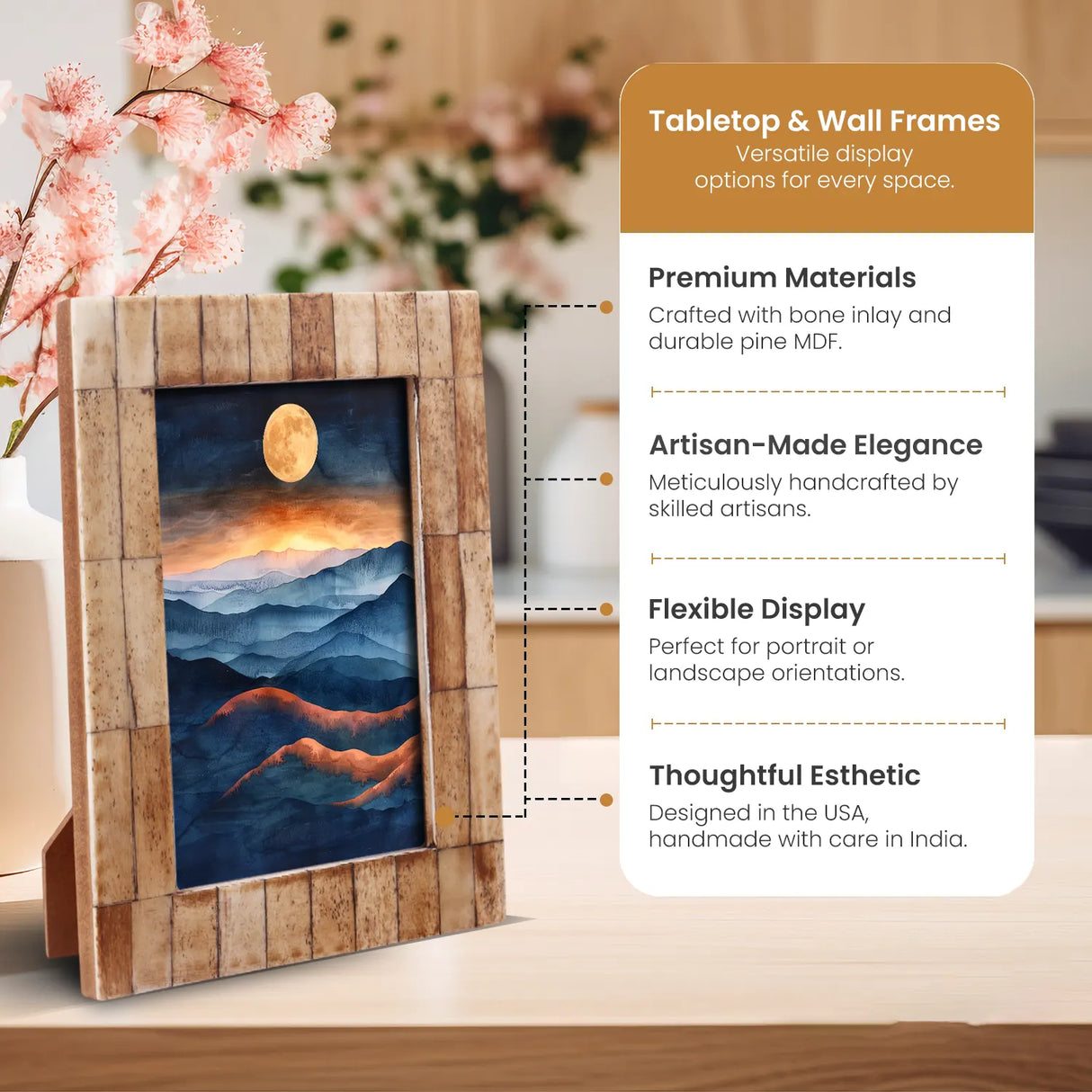 Antique Tile Brown Bone Inlay Frame - Desk & Wall Display, 2 Sizes